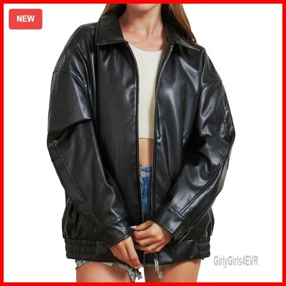 Oversized Faux Leather Jacket Women's Motorcycle Coat Fall Winter